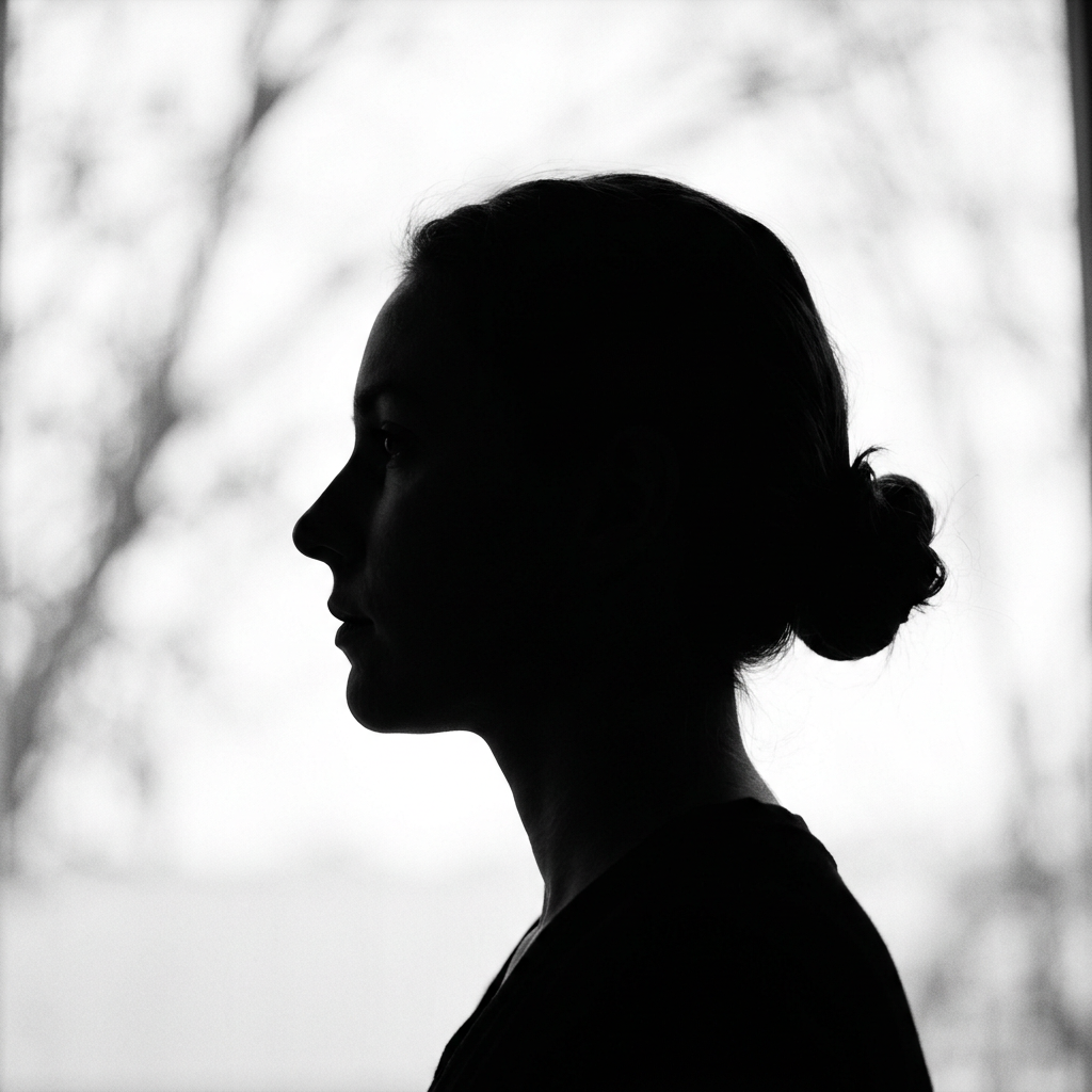 Silhouette of a woman in profile with hair tied in a bun